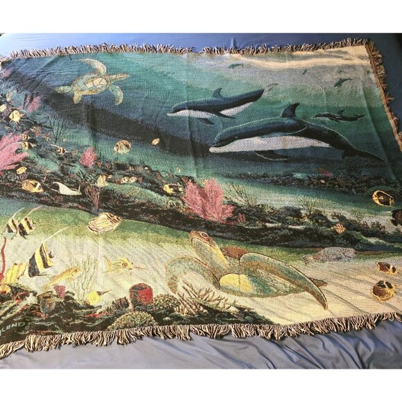 Vtg Wyland Studios Tapestry Throw Blanket Underwater Dolphins Tropical Fish USA - Picture 1 of 6